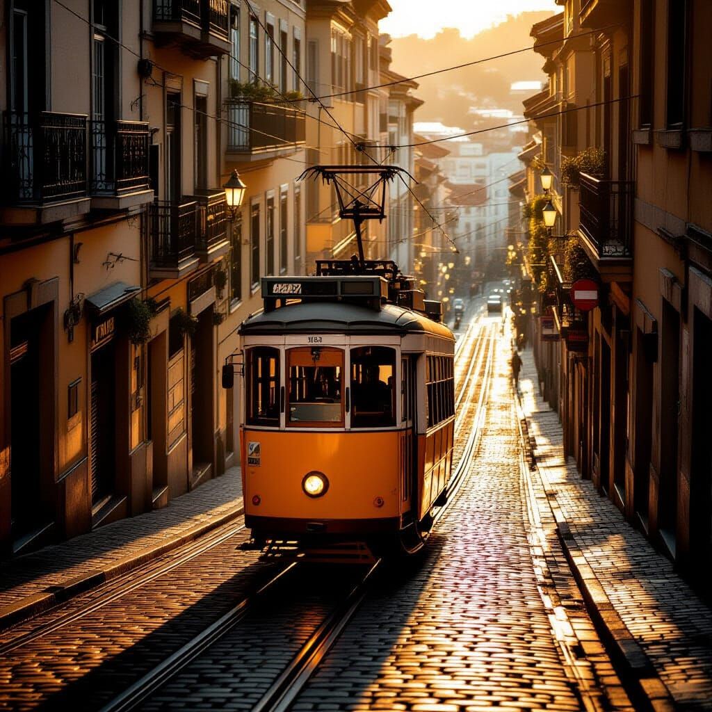 Vintage Tram on Cobblestone Street with Golden Lighting