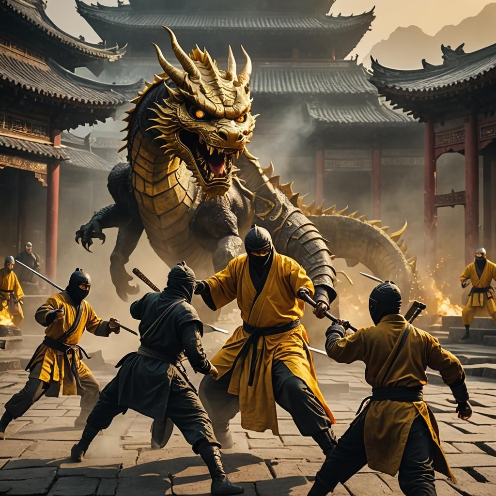 Ninjas Battle Dragon in Shaolin Temple: Cinematic Still