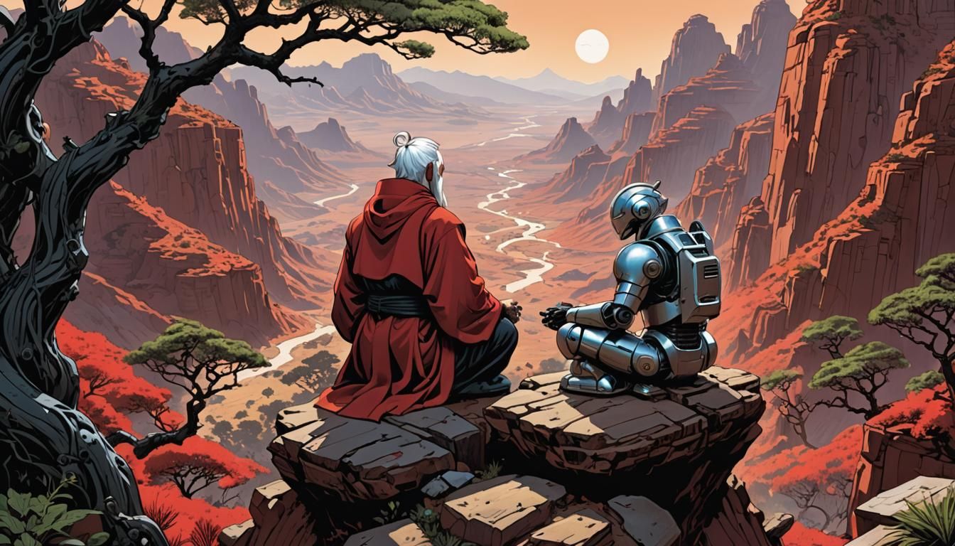 Robot Monk Contemplates Mountain View Comic Art