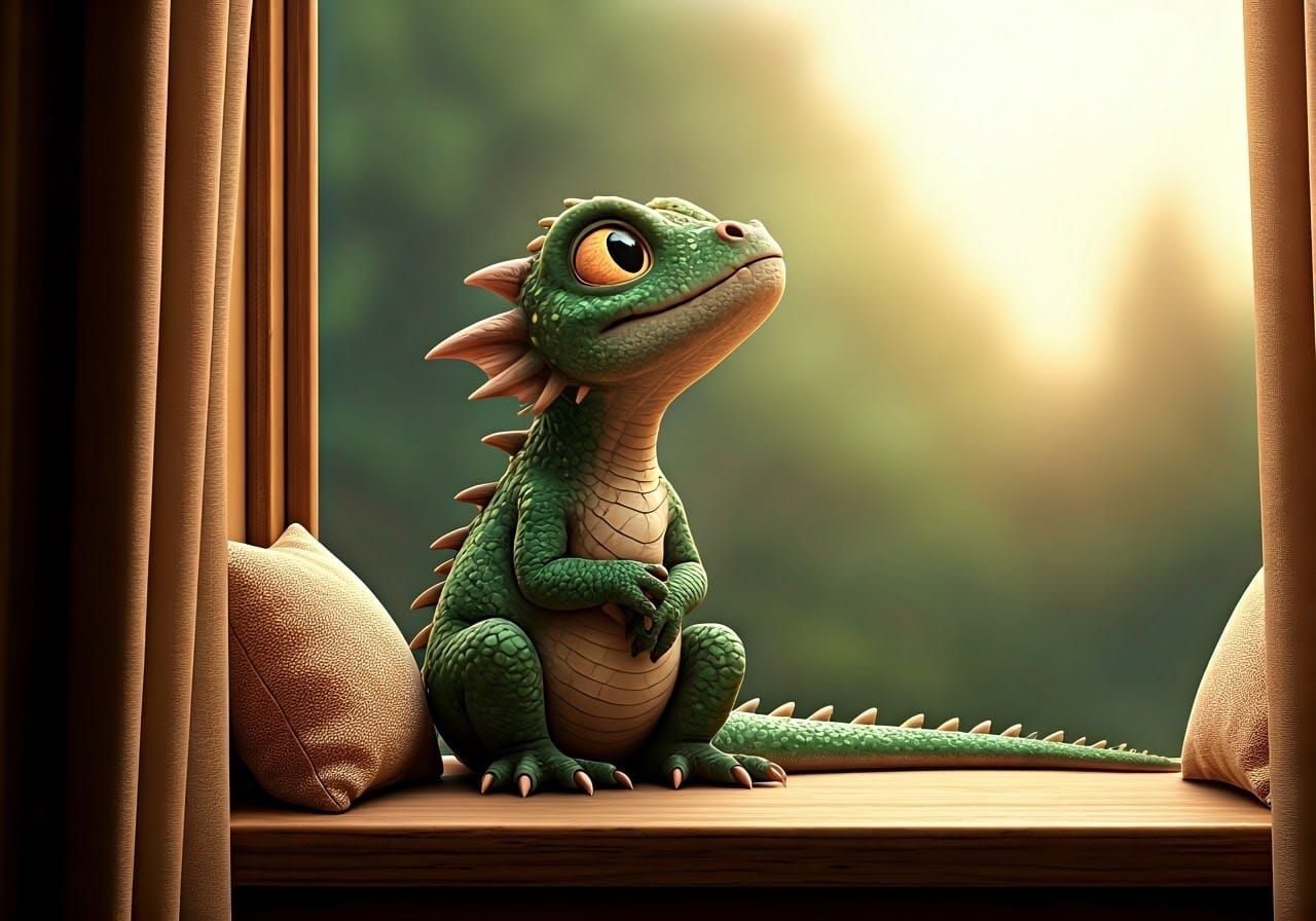 Moss-Green Dragon Waiting by the Window