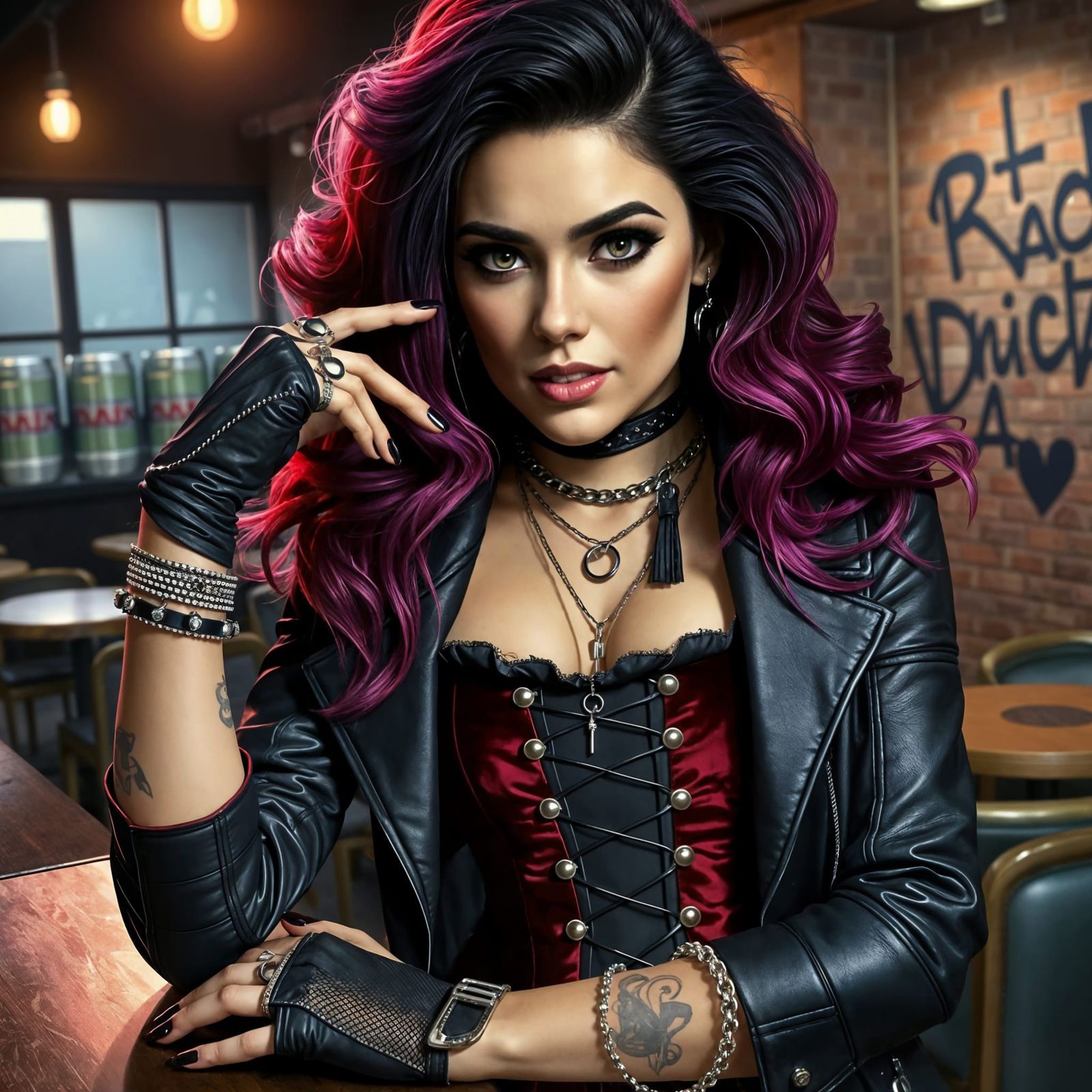 Glam-Punk Anarch in Crimson and Leather, Cinematic Portrait