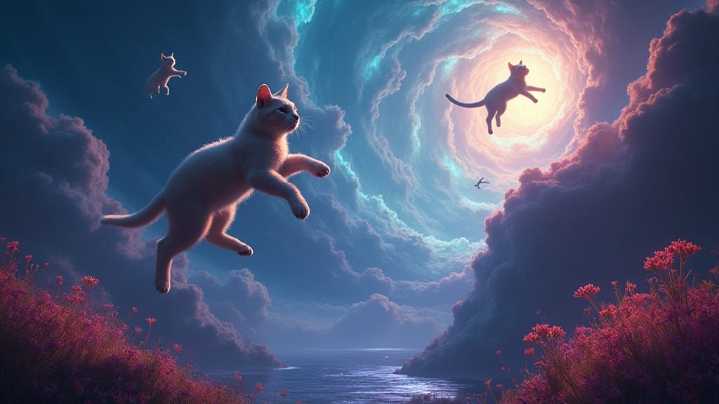 Mystical Cats Soaring Through a Dreamlike Universe