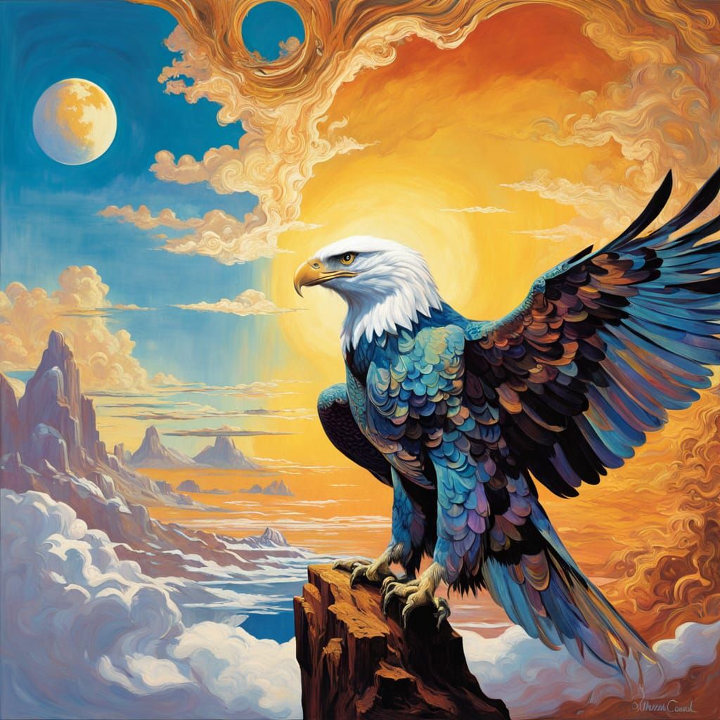 Ethereal Eagle in Surrealist Dreamscape with Iridescent Feat...