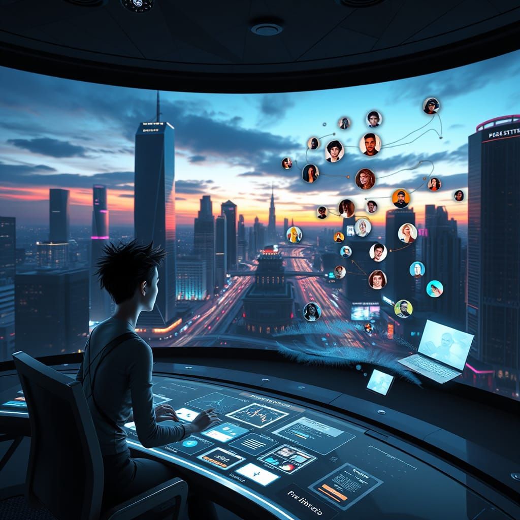 Futuristic Social Media Control Room in Cyberpunk Style