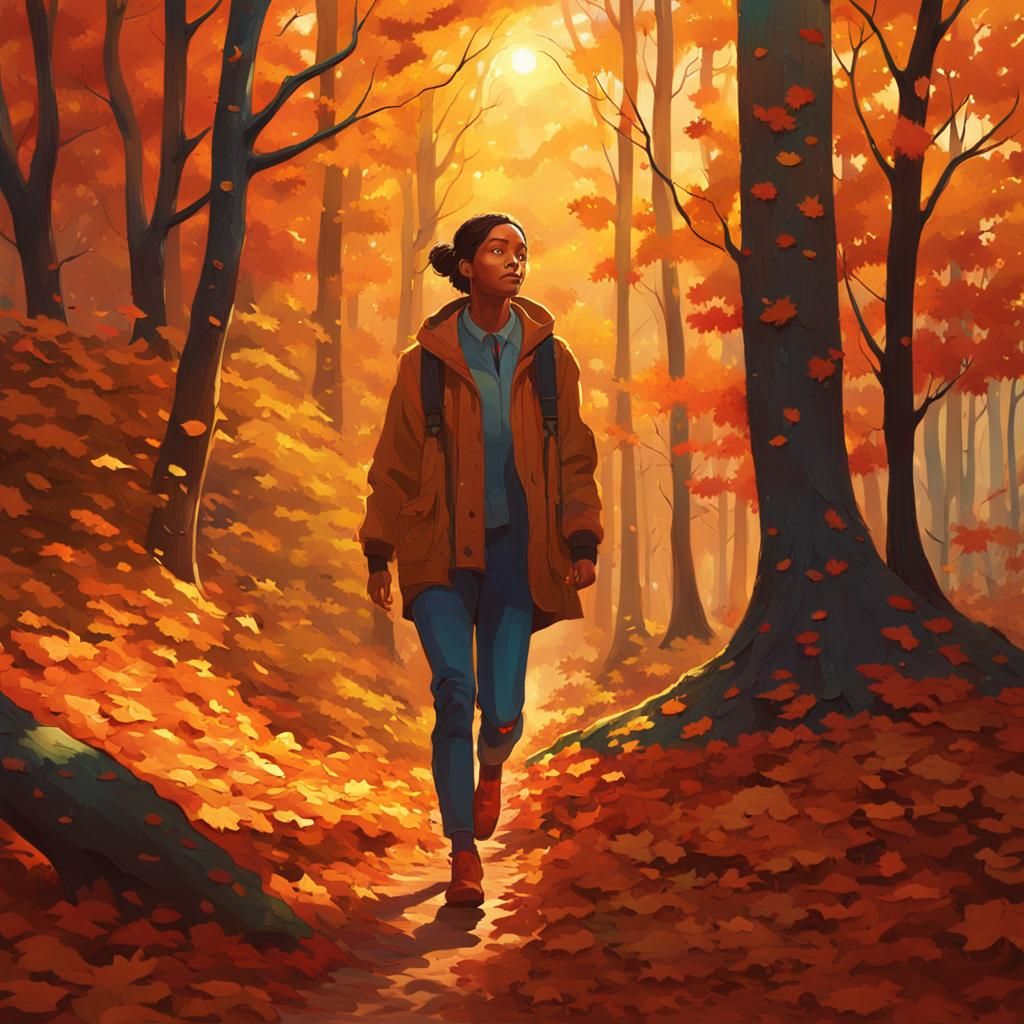 Woman Walks Through Autumn Forest in Golden Light