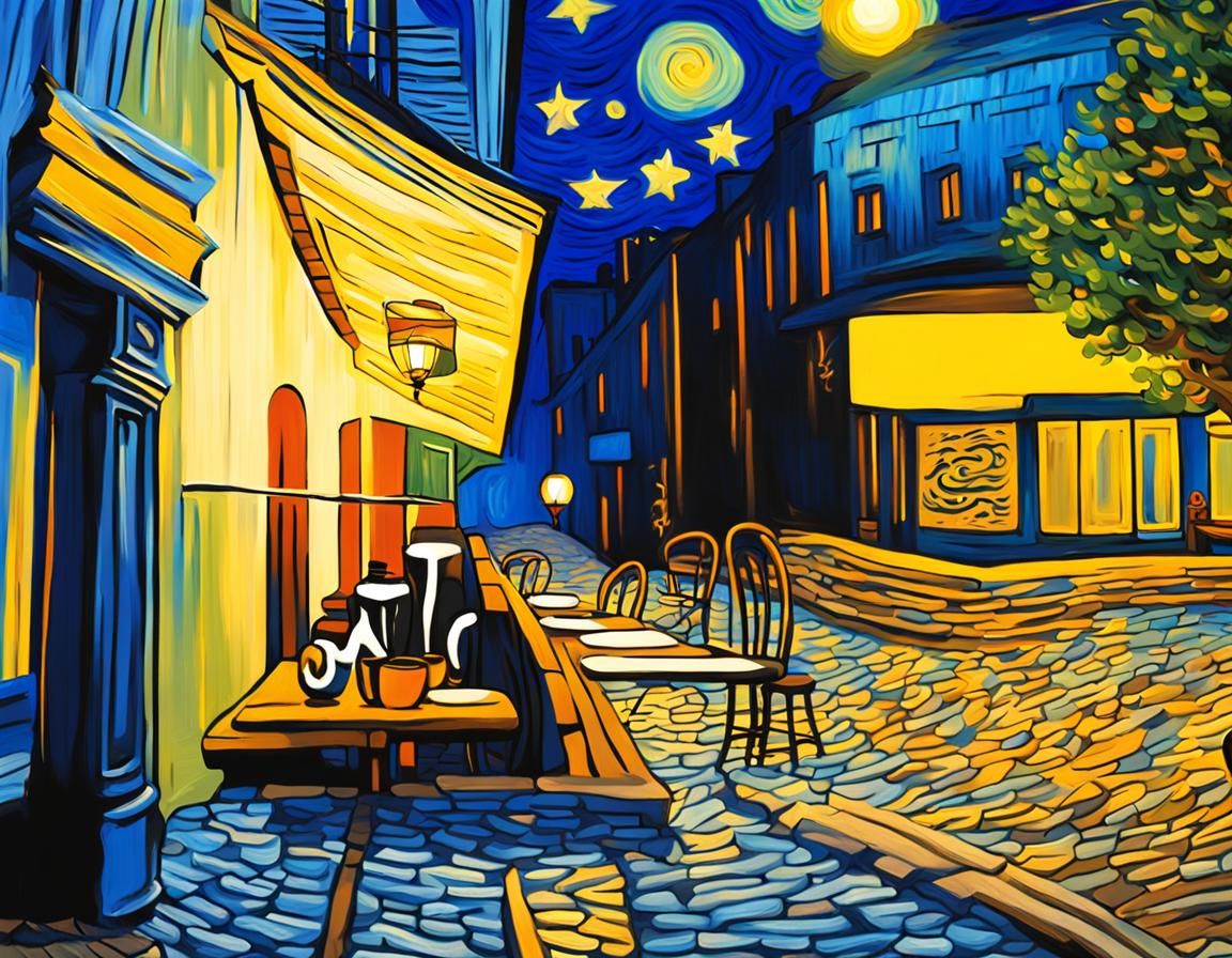 Night Cafe with Starry Sky in Impressionist Style