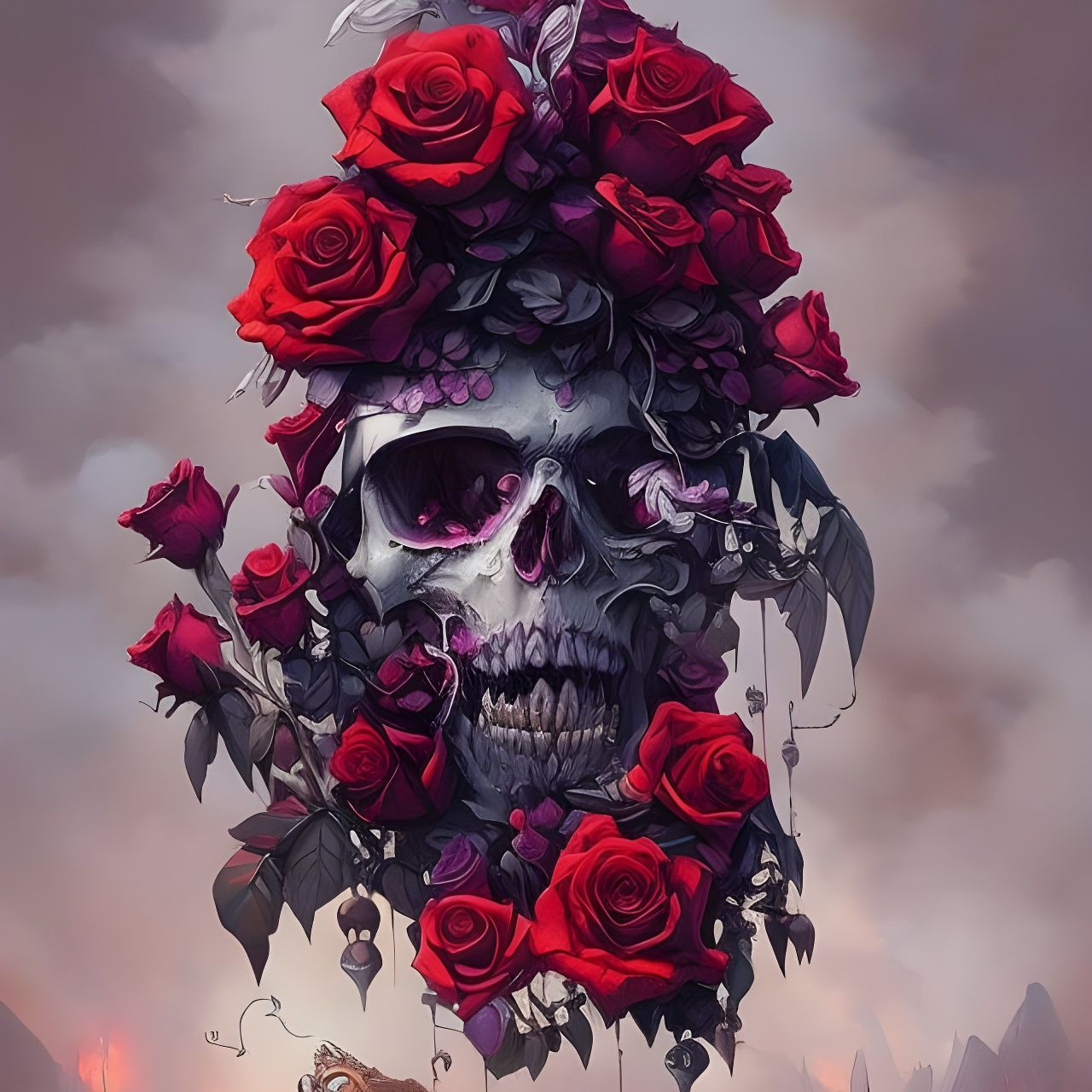 Flaming Skull Covered in Roses: Digital Gouache Painting