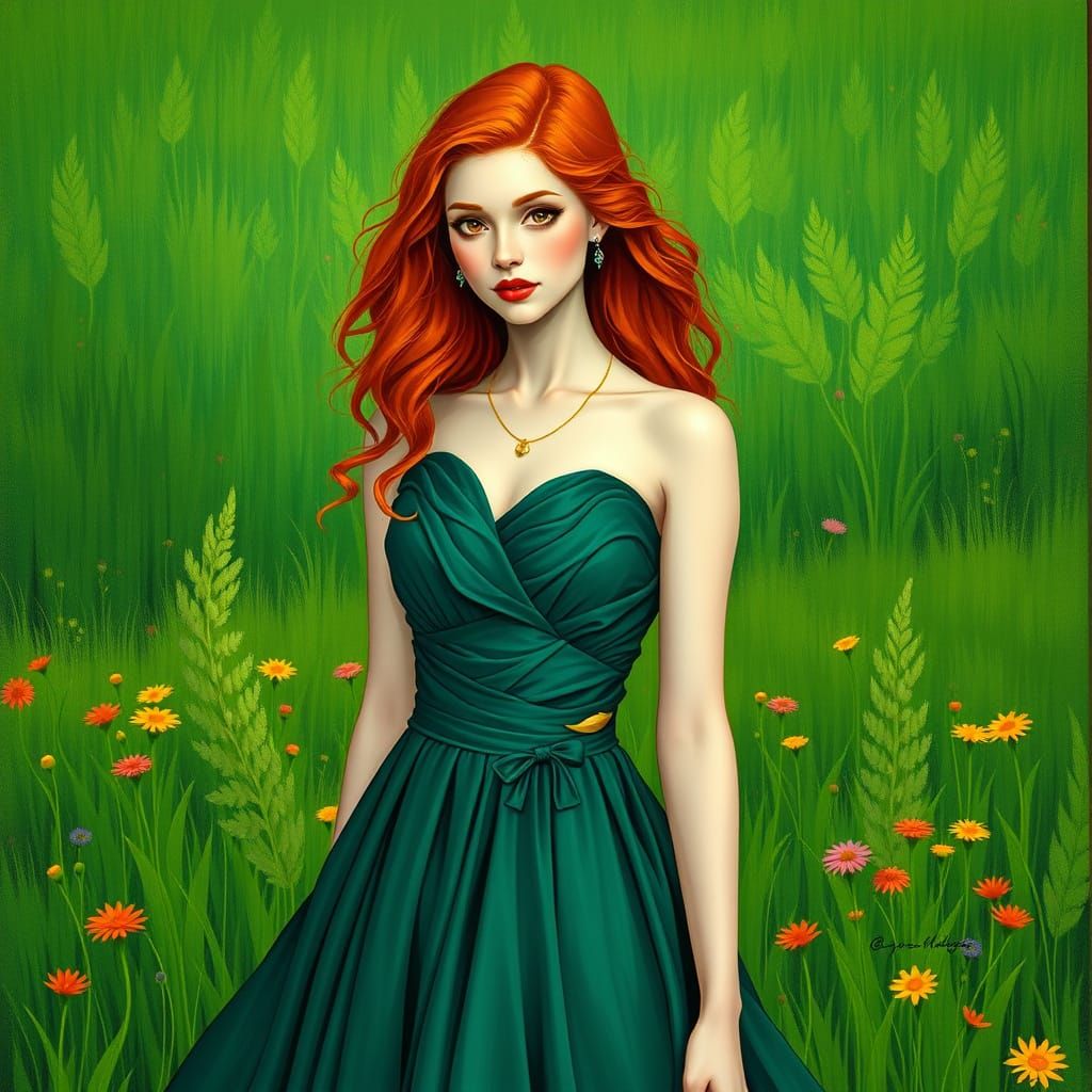 Redhead in Meadow, Inspired by Art Nouveau