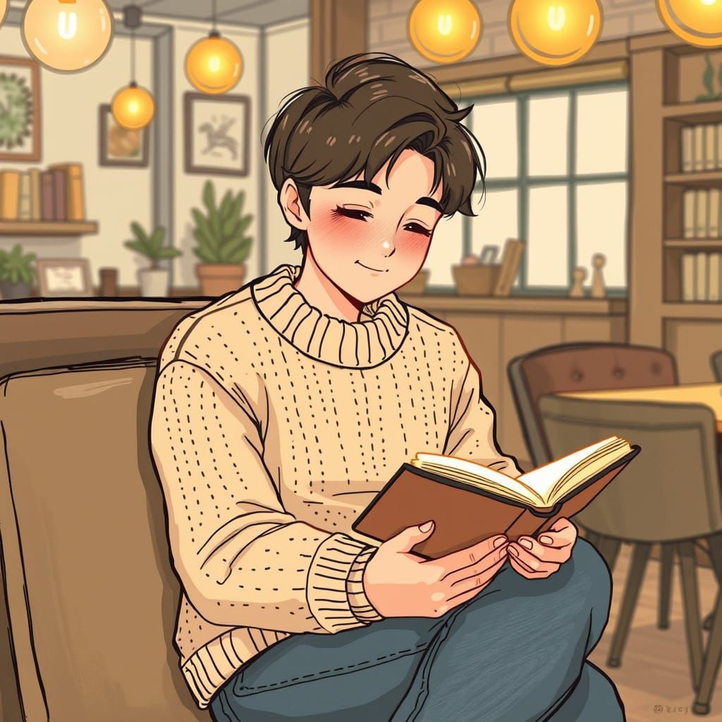 Introvert Reading in Cozy Cafe with Glowing Aura