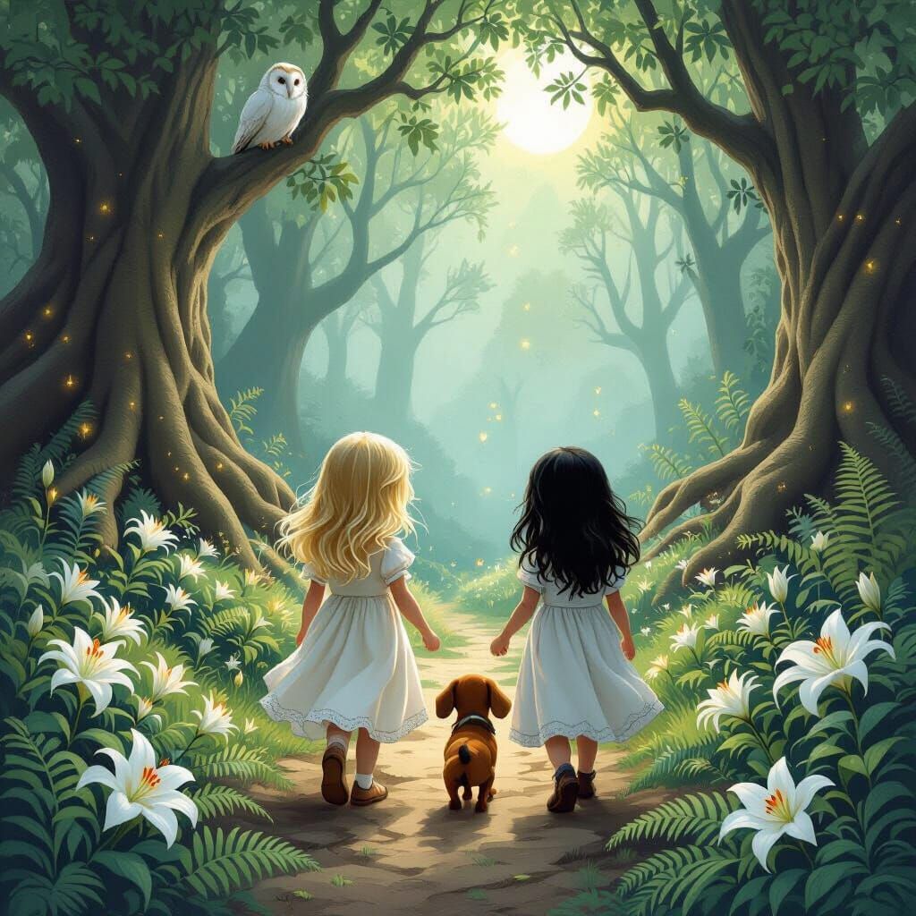 Enchanted Forest Scene with Girls and Dog