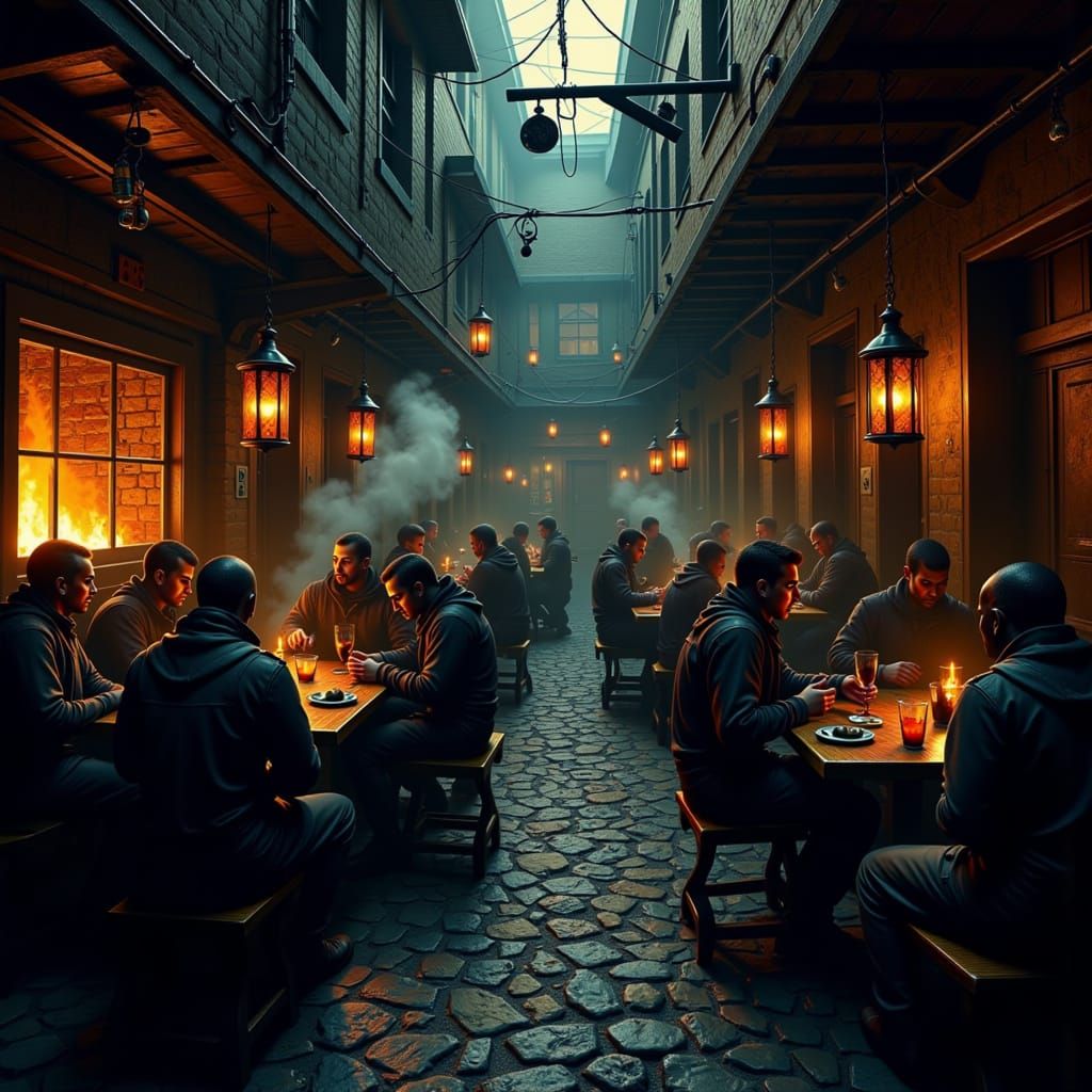 Dimly Lit Tavern Interior in Cinematic Film Noir Style