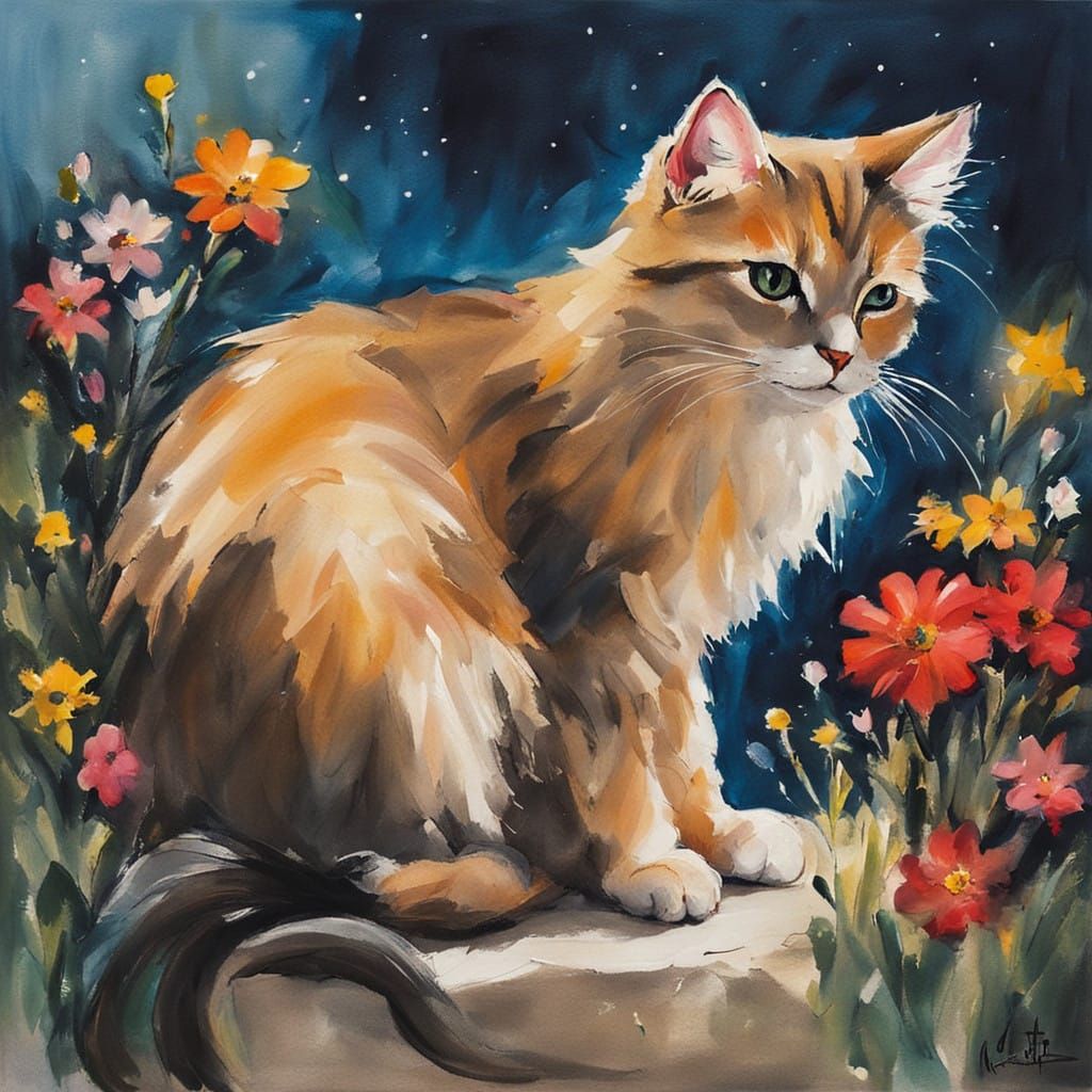 Cat Surrounded by Flowers in Southwest Style