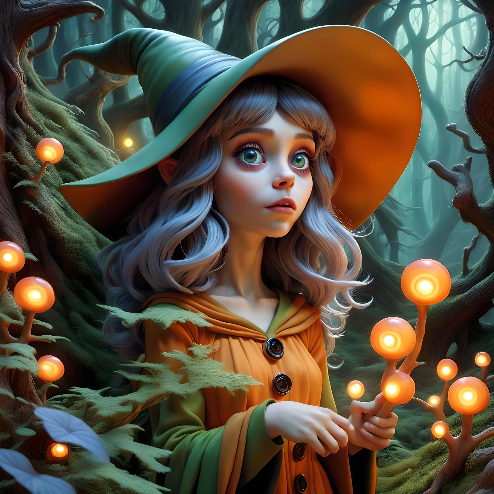 Adorable Witch in Magical Forest, 3D Fantasy Art