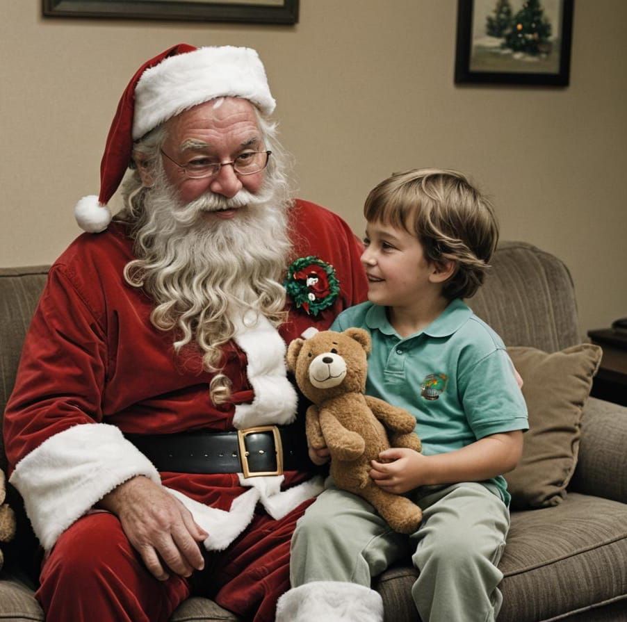 Child Presents Teddy Bear to Santa Claus