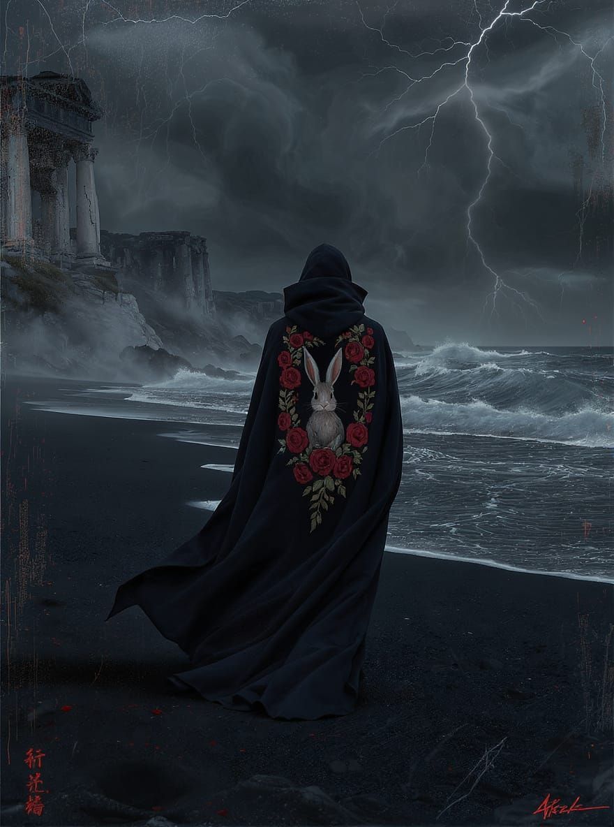 Cloaked Figure on Black Sand Beach in Stormy Seas