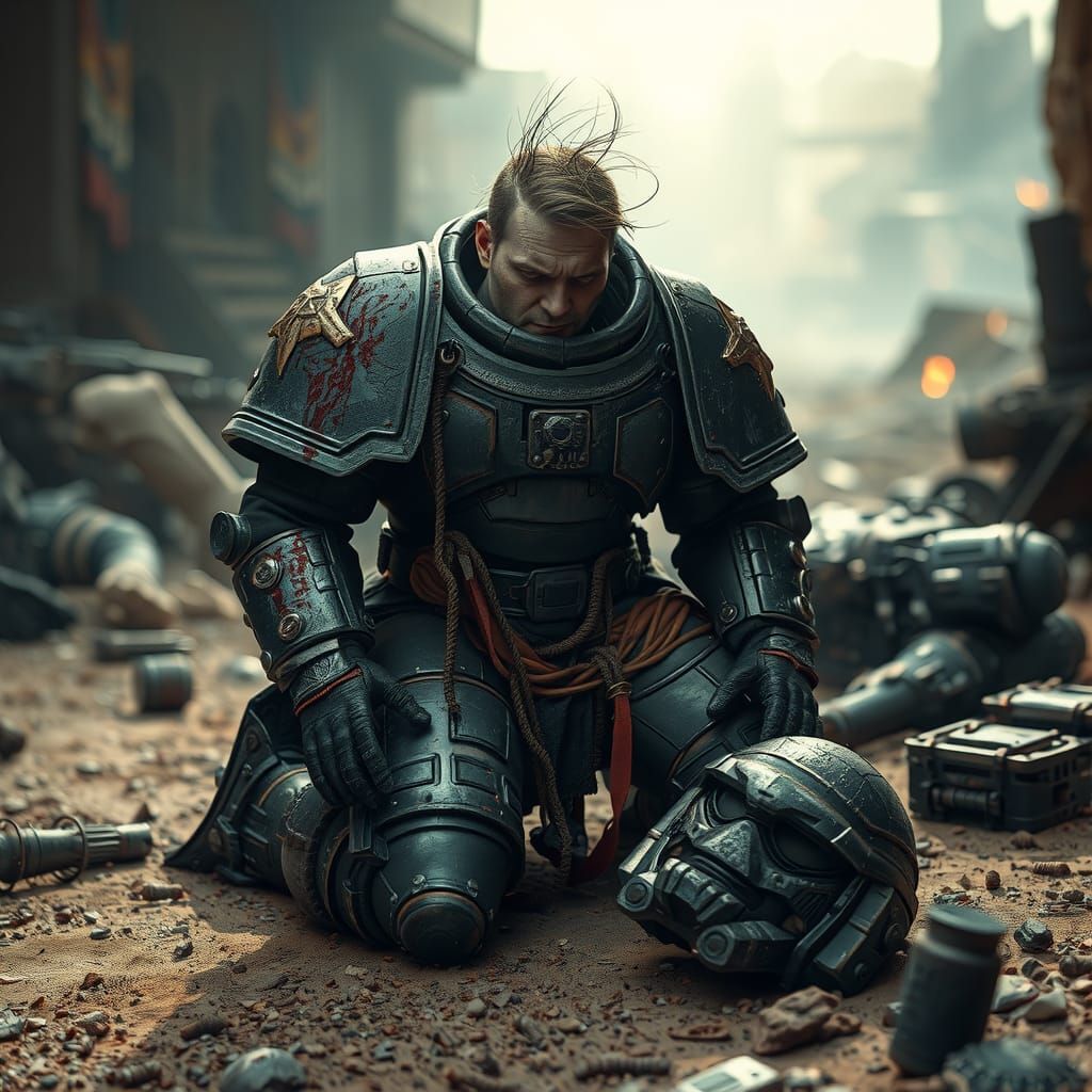 Black Templar Kneeling in Ruin: Gritty Grimdark Art