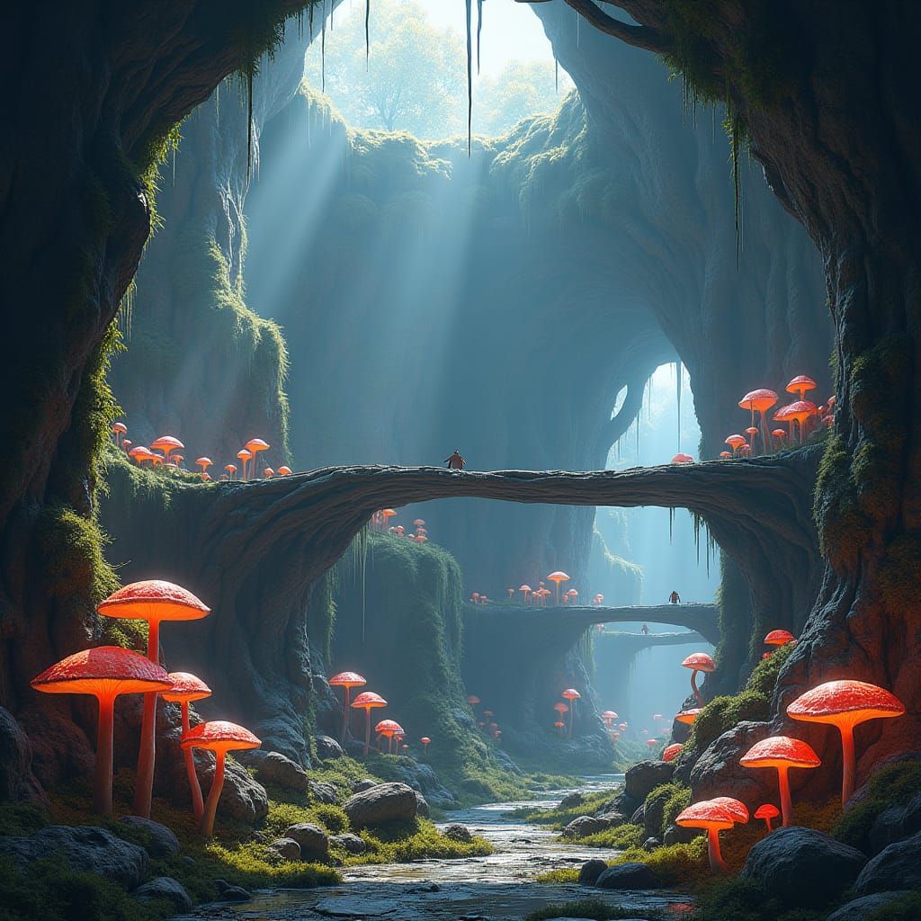 Glowing Mushroom Cavern with Wooden Bridges