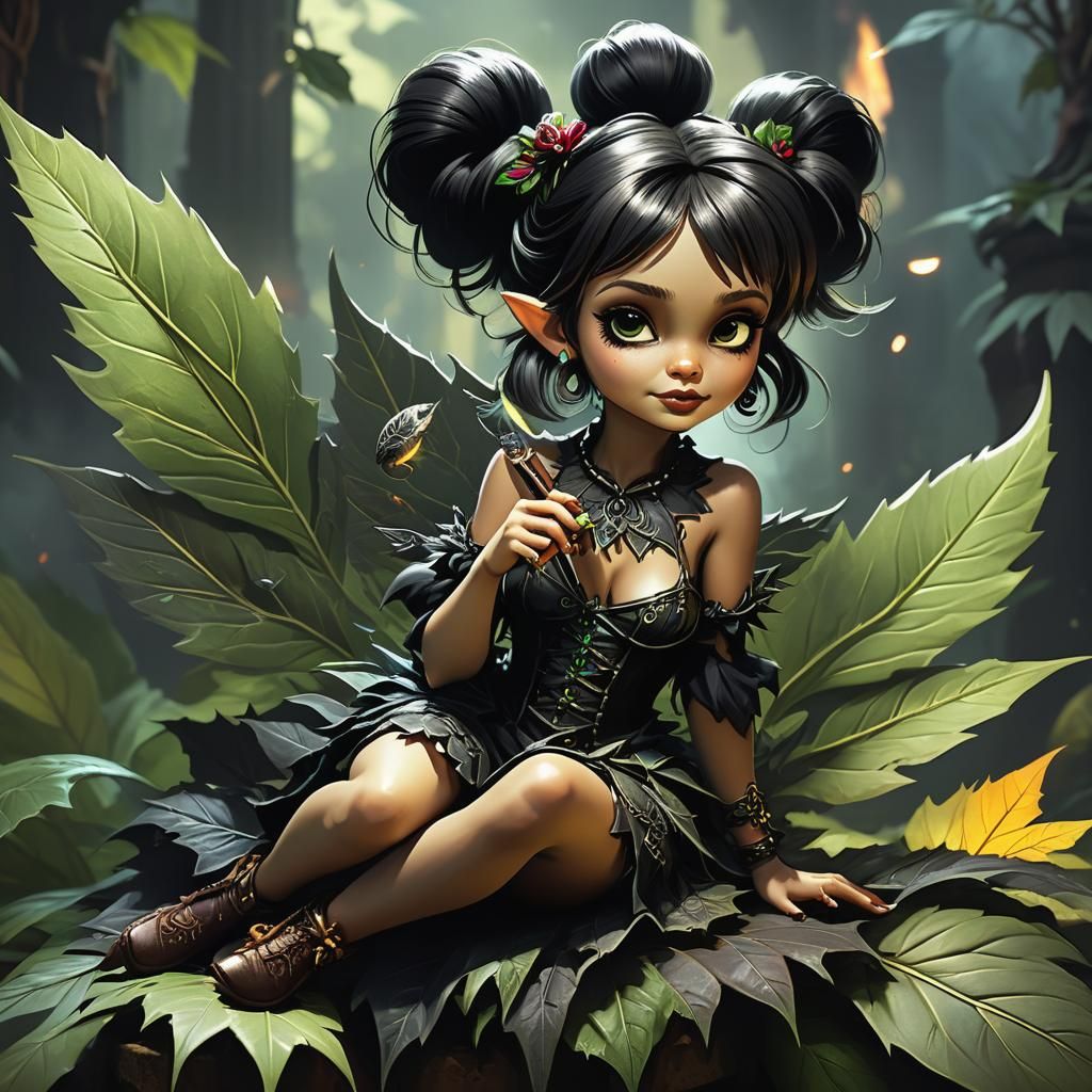 Gothic Tinkerbell Smoking Cigar on Ganja Leaf