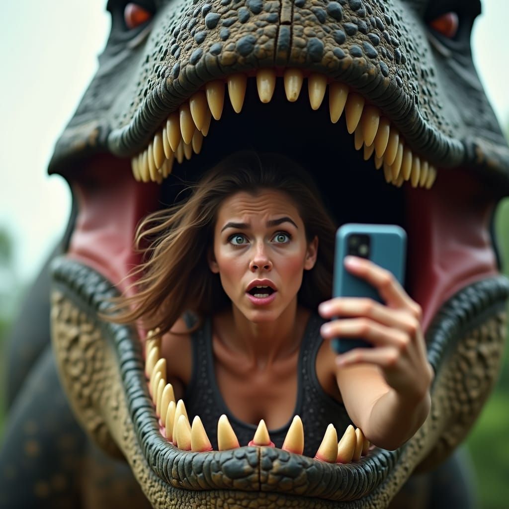 Woman Takes Selfie Inside Dinosaur Mouth