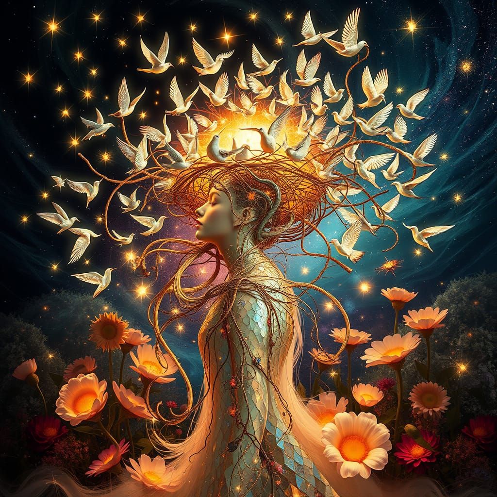 Surreal Fragmented Sculpture of Woman Transforming into Bird...