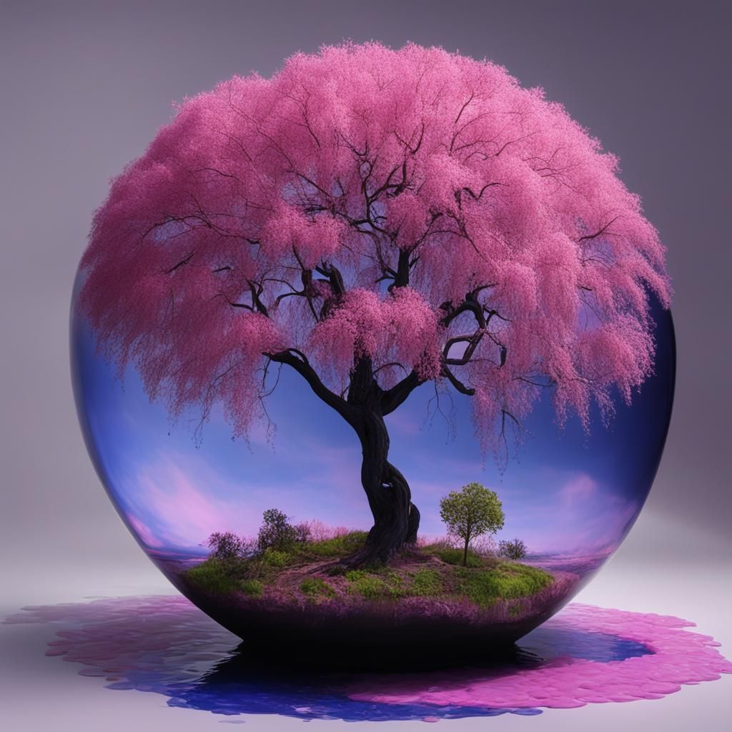 Diodrama In a glass apple .A pink willow tree, pink river, pink cloud, daises on the floor ground.  dark purple combined...