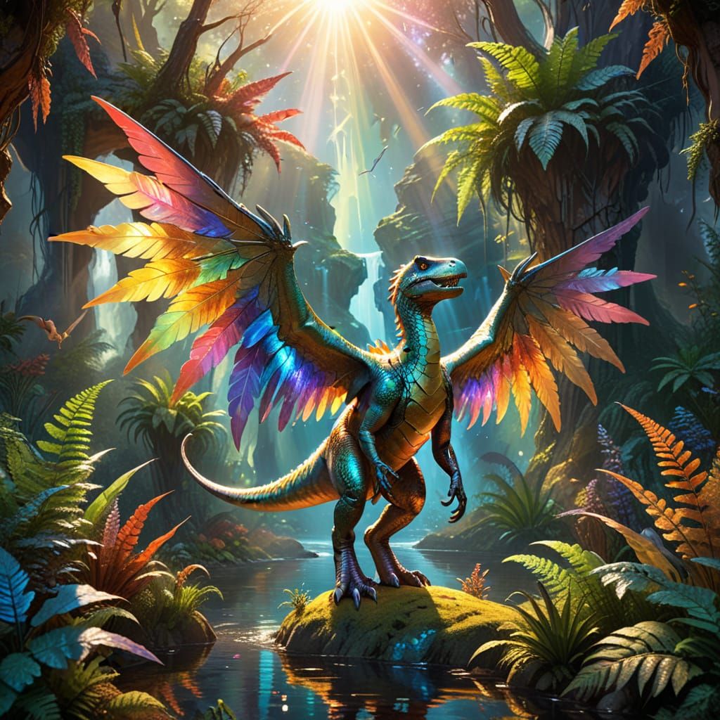 Angel in Jurassic Forest: Vibrant Oil Painting
