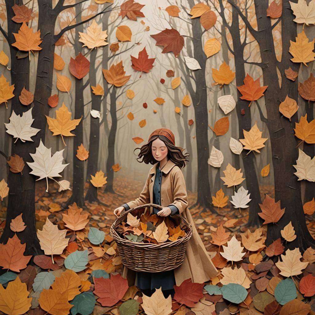 Woman Collecting Leaves in Misty Forest Collage
