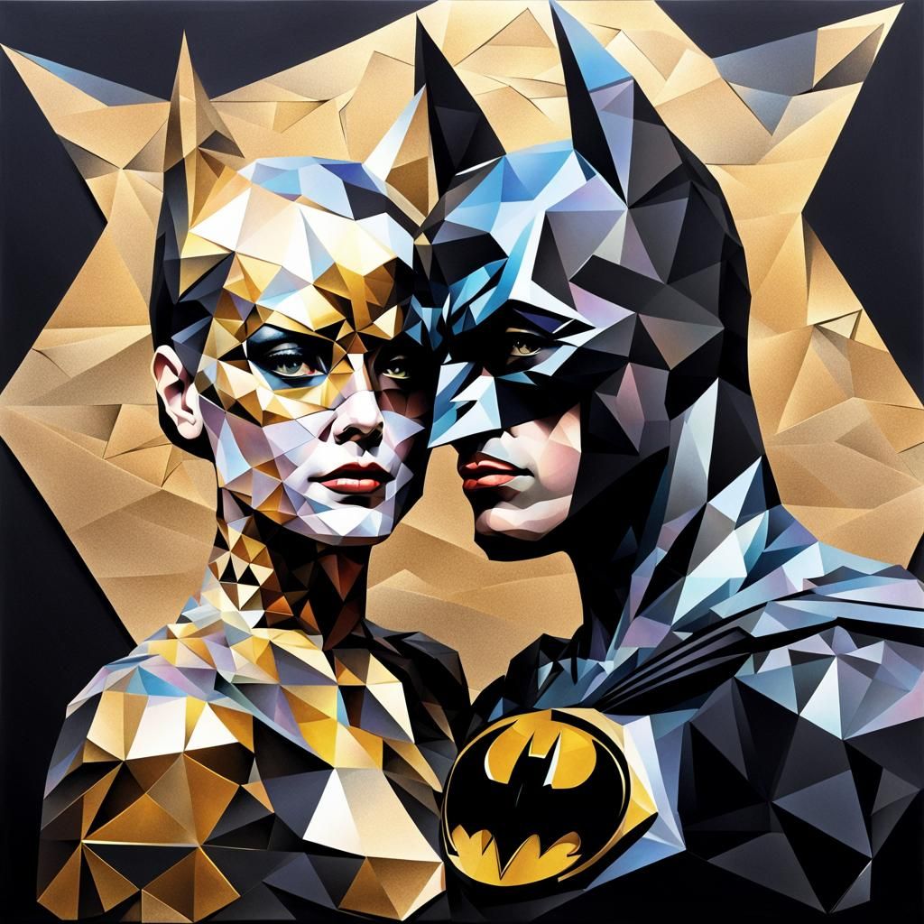 Batman and Catwoman Geometric Collage in Black and Gold