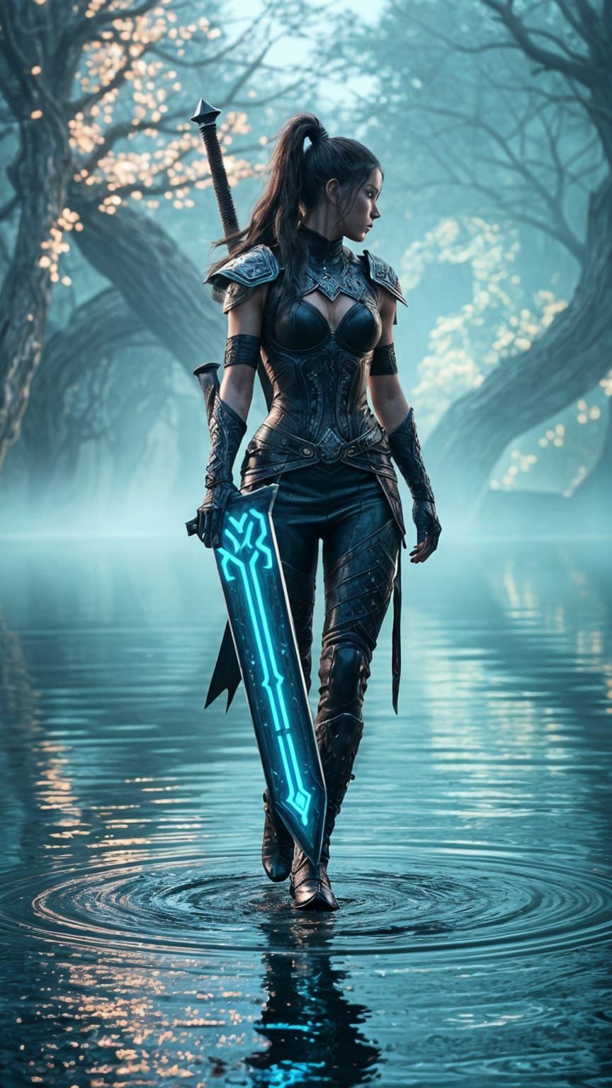 Fantasy Heroine Warrior in Bioluminescent Forest