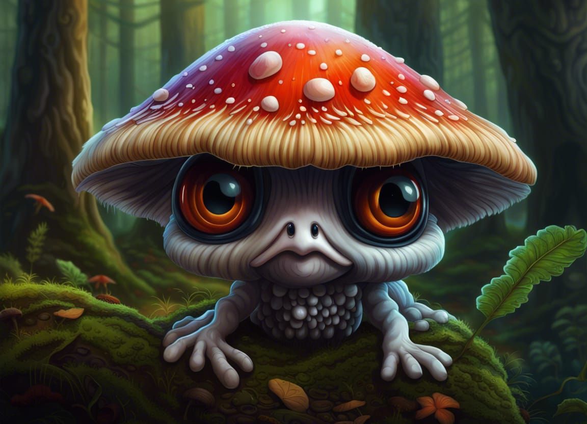 Winged Mushroom Creature in Enchanted Forest
