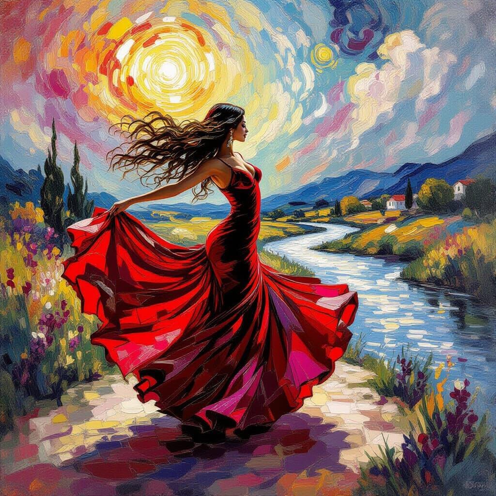 Mystical Flamenco Dancer in Swirling Clouds as Impasto Paint...