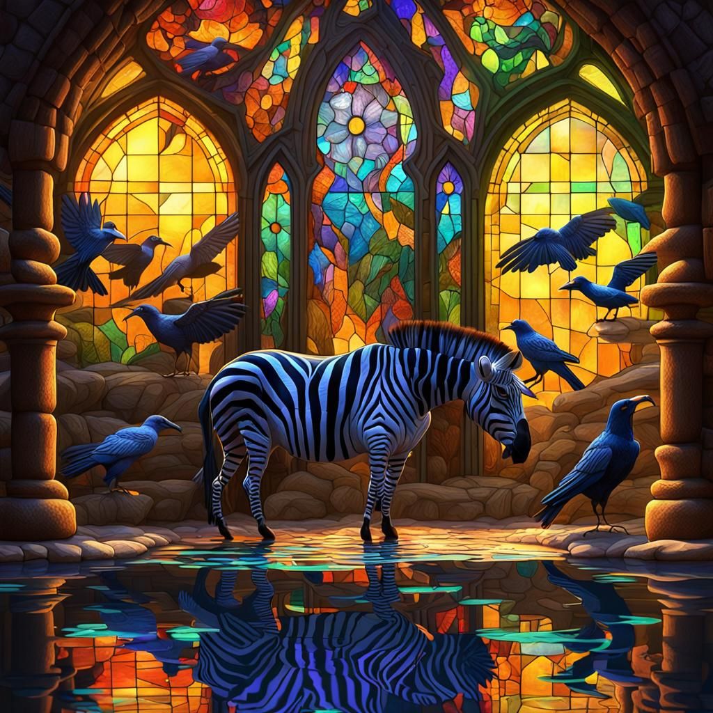 Zebra and Raven at Stained Glass Waterhole