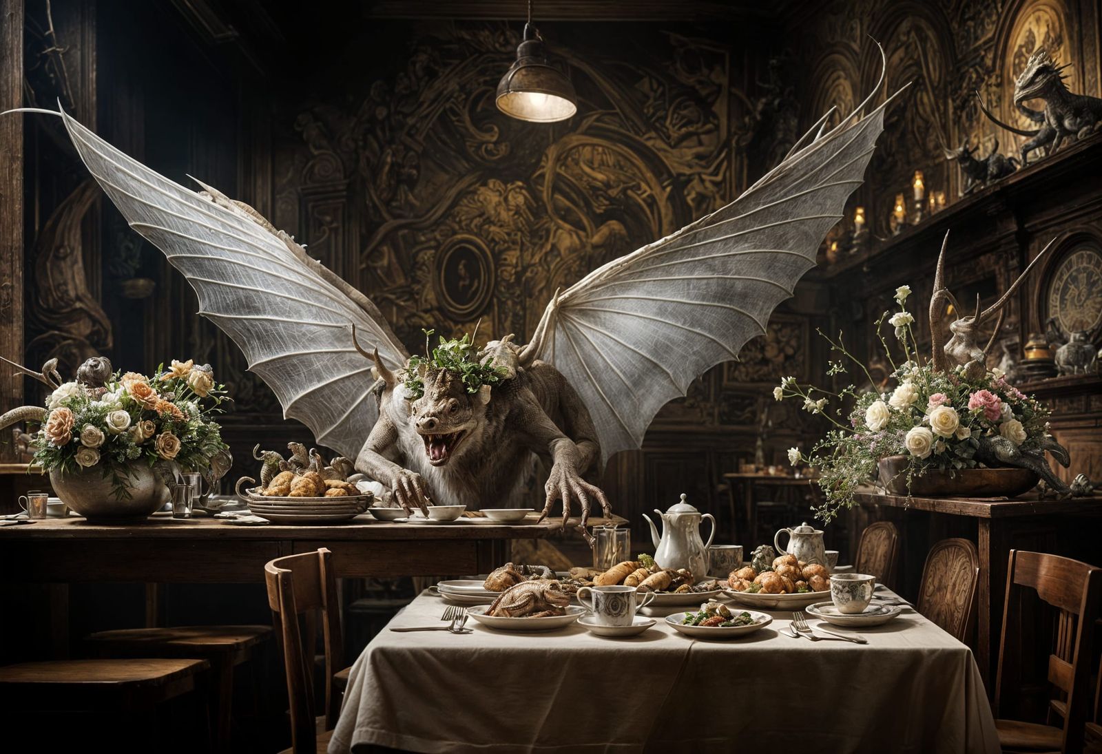 Surreal Restaurant Scene with Bizarre Creatures