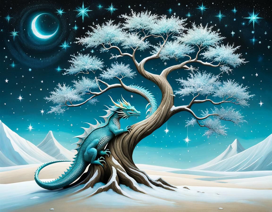 Turquoise Tree and Dragon Under Silver Stars