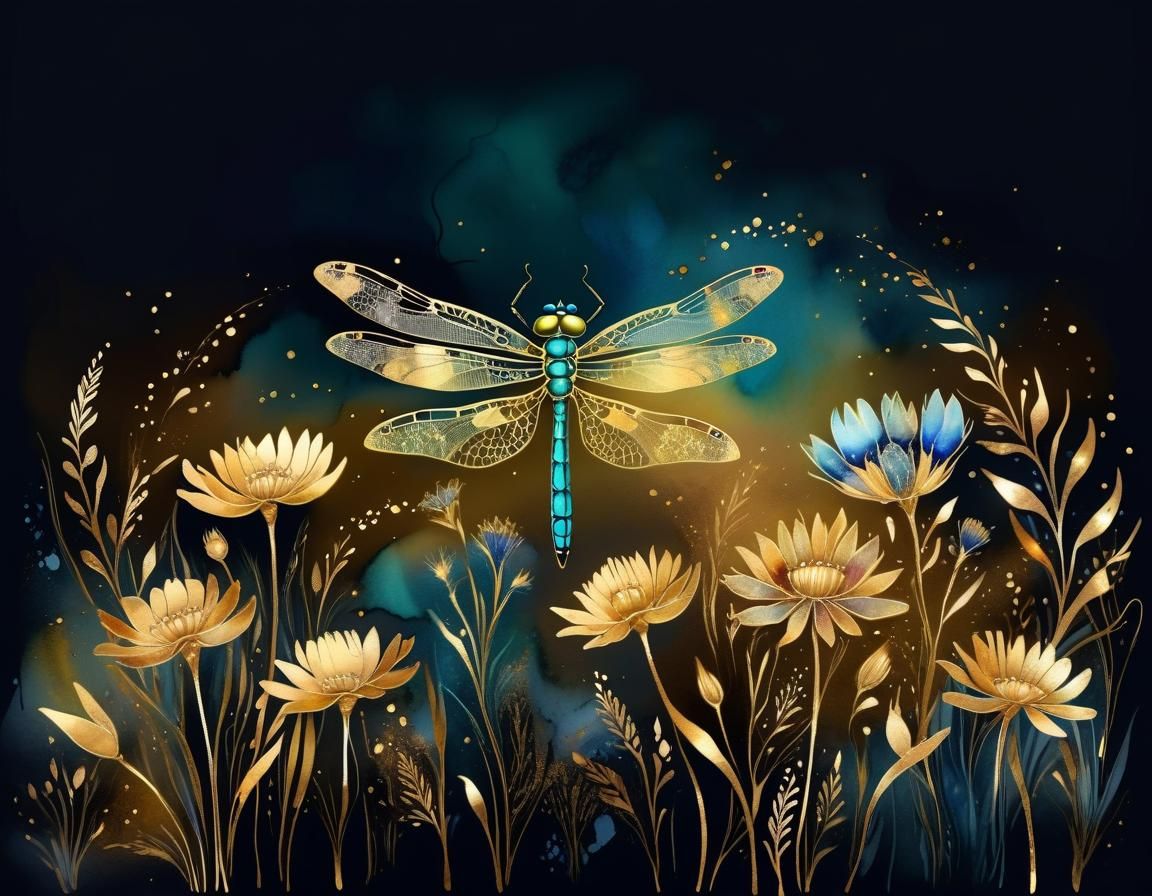 Watercolor Dragonfly with Golden Wings and Wildflowers