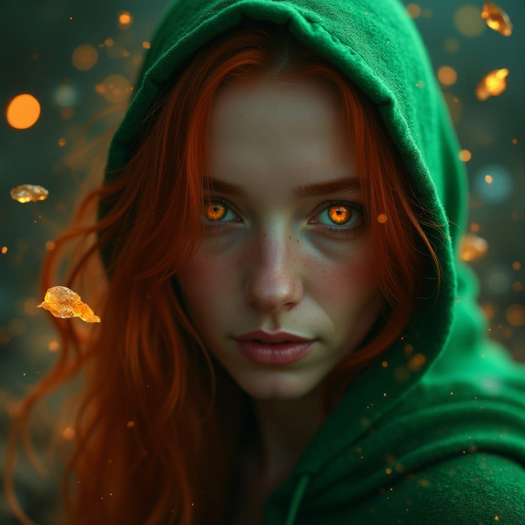 Mystical Redhead Portrait with Emerald Crystal Shards