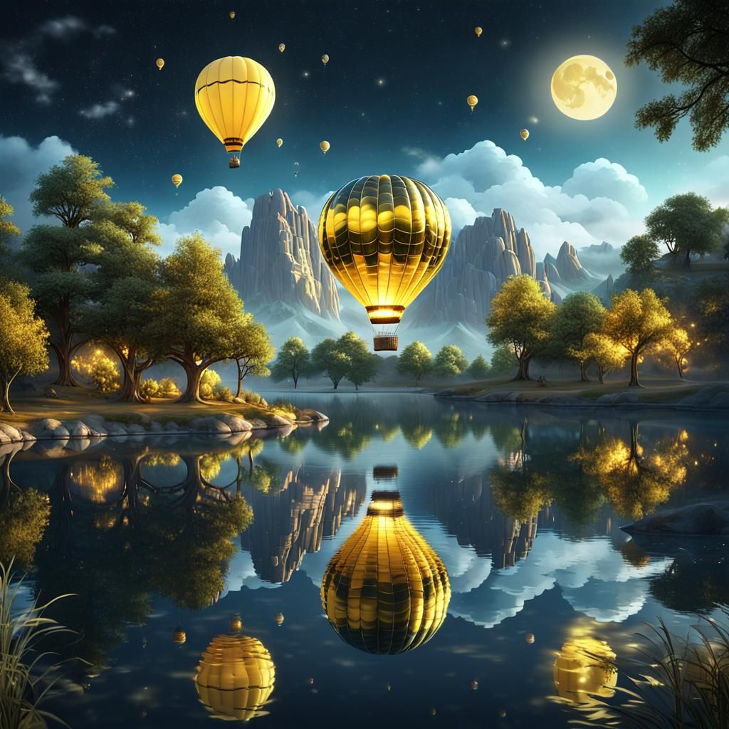 Glass Hot Air Balloon Over Fantasy Lake