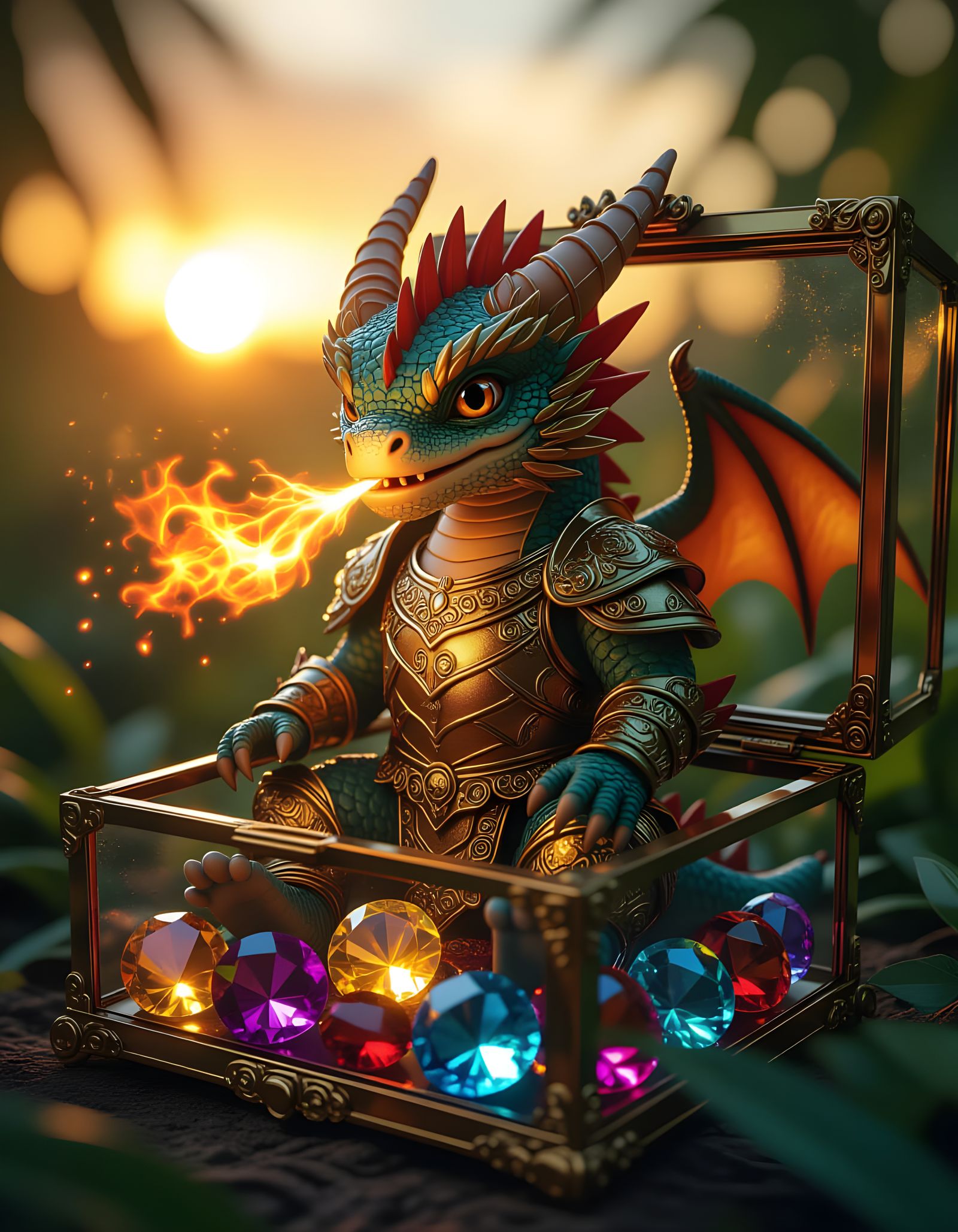 Miniature Fire Dragon in Glass Jewelry Box