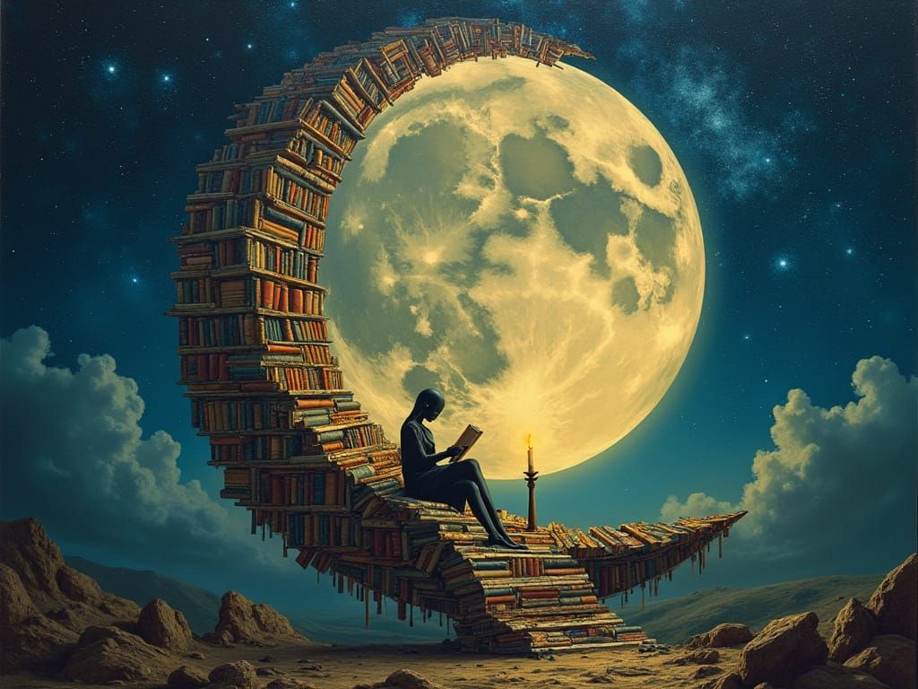 A Surreal Library of Moonlit Wonder