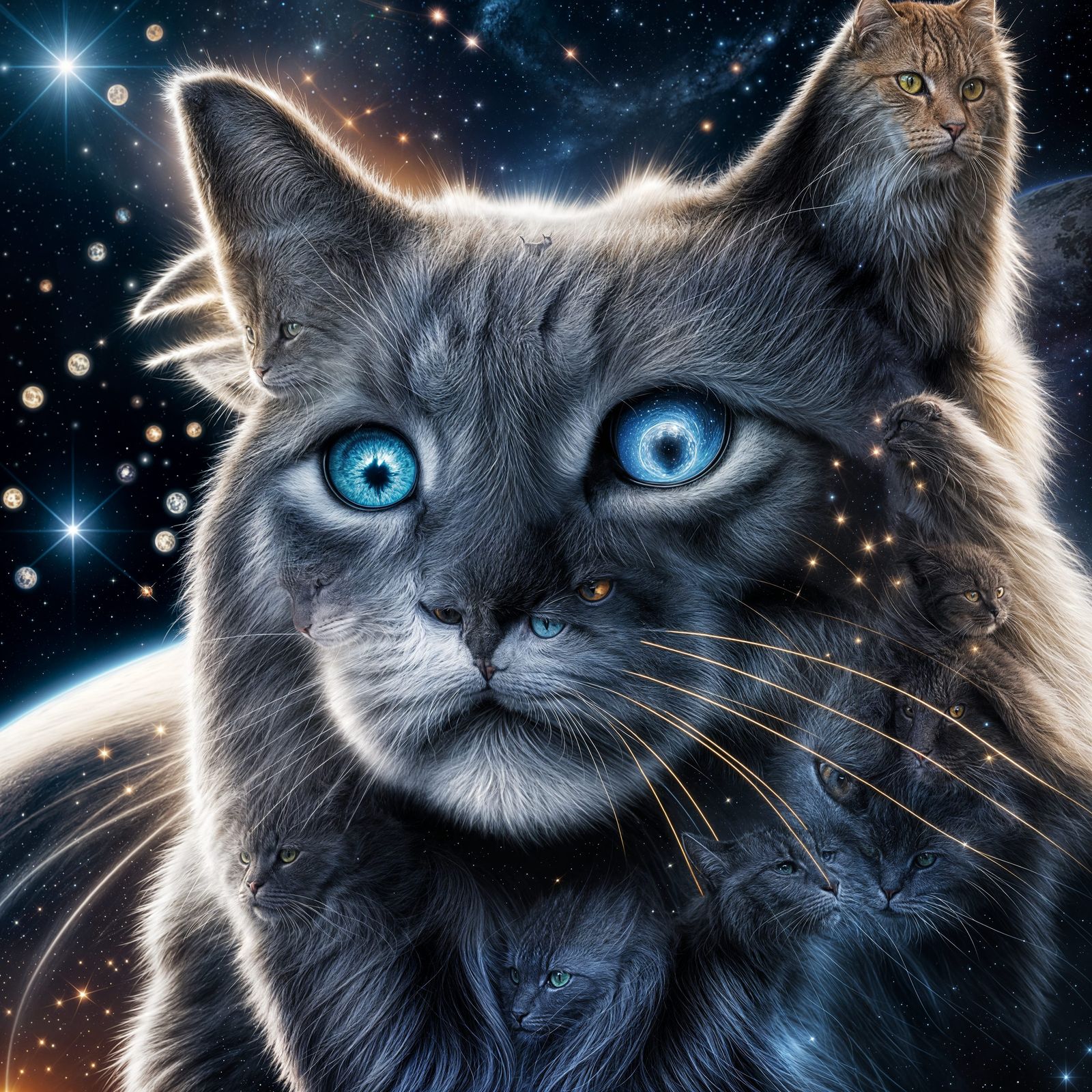Majestic Cat Floating Through Space in Digital Art