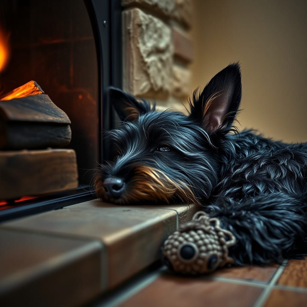 Scottish Terrier Sleeping by the Cozy Fireplace