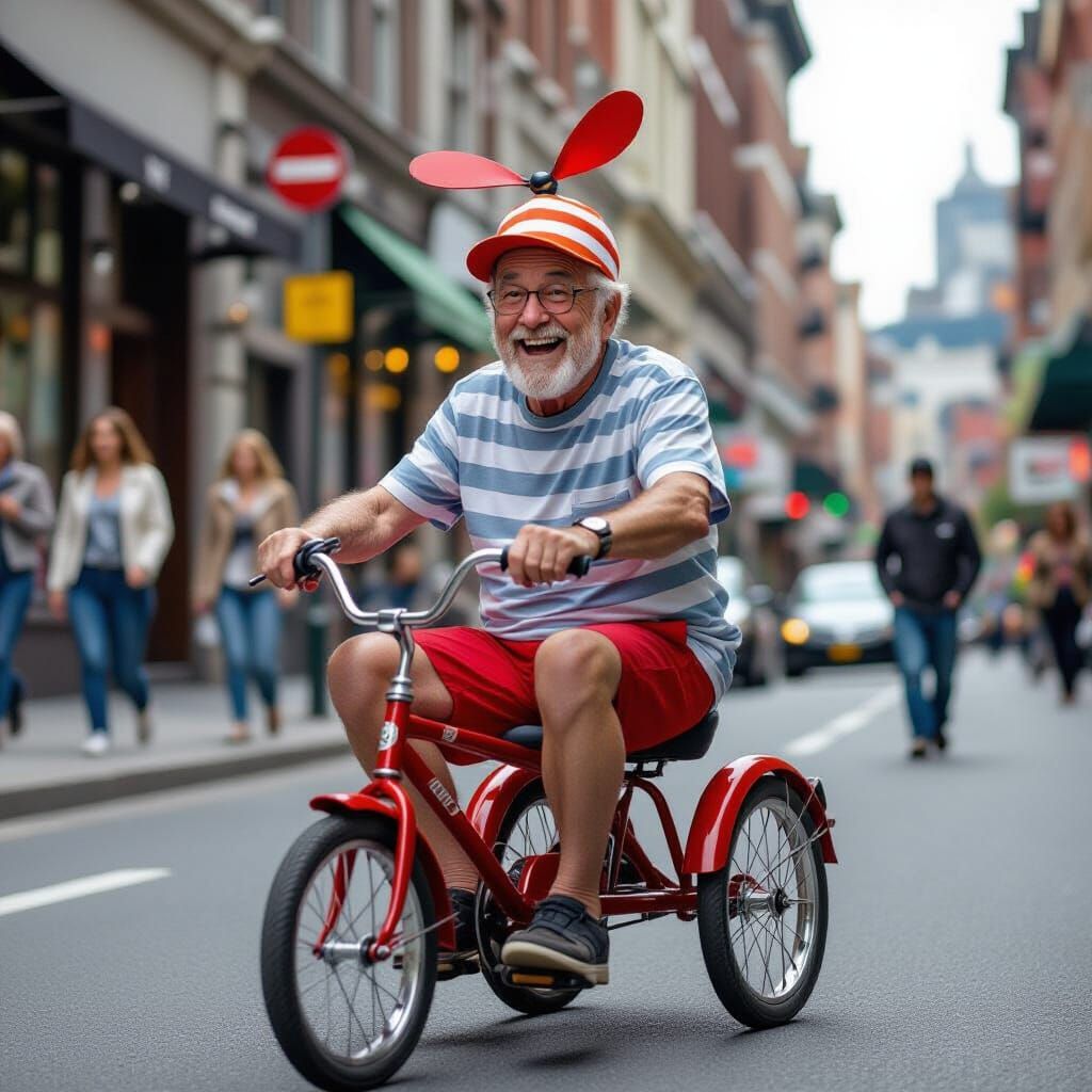 Joyful Elderly Man Rides Tricycle in Hyperrealistic Style