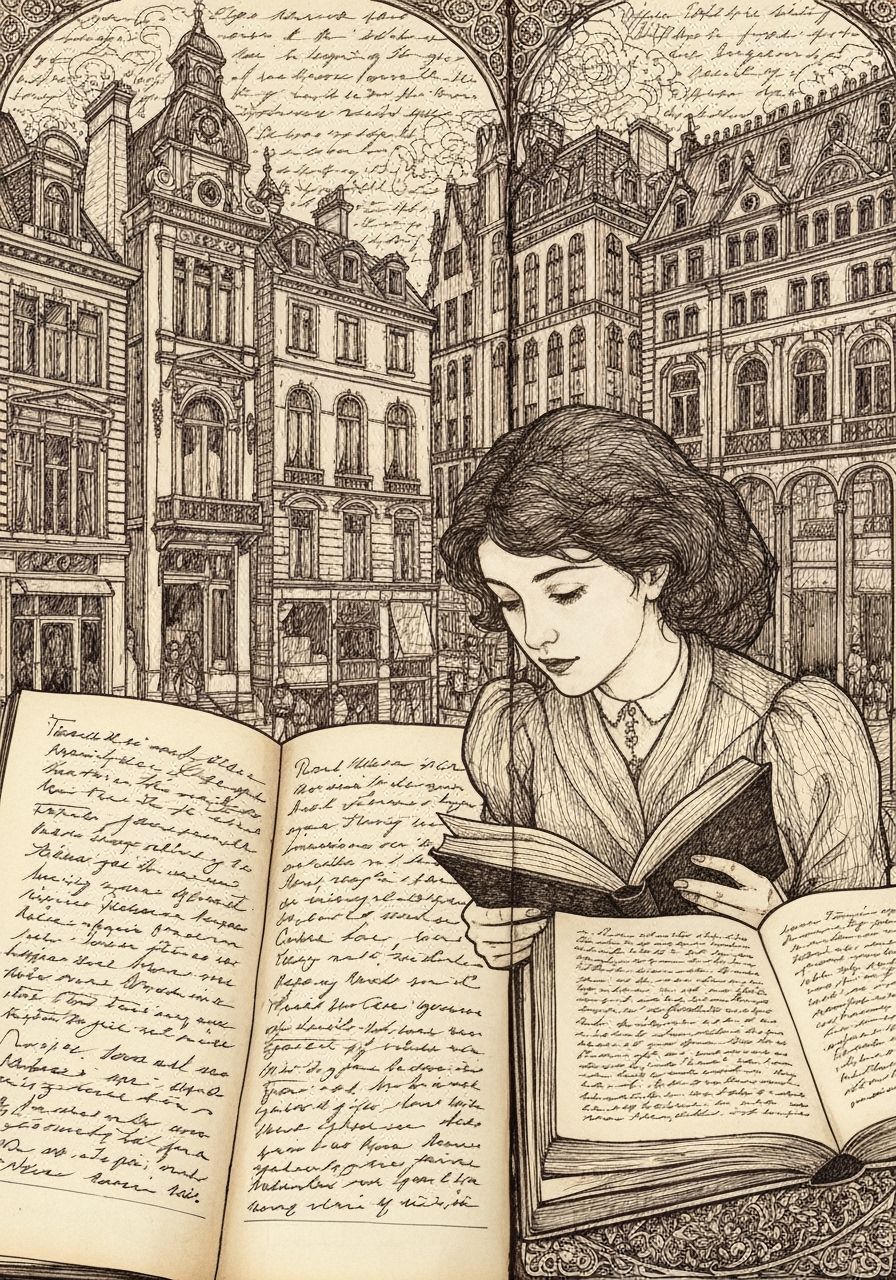 Art Nouveau Woman Reading Book with Scribbles