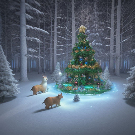 Surreal Winter Wonderland of Forest Animals Around a Sparkli...