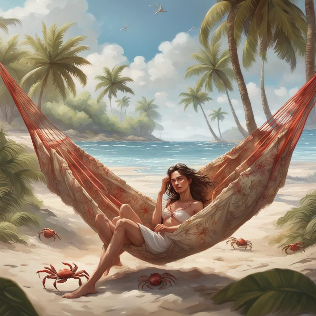 Photorealistic Tropical Beach with Crabs and Hibiscus