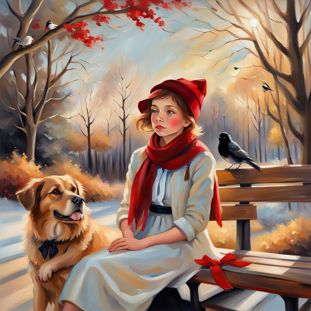 Elegant Girl with Dog in Whimsical Oil Painting