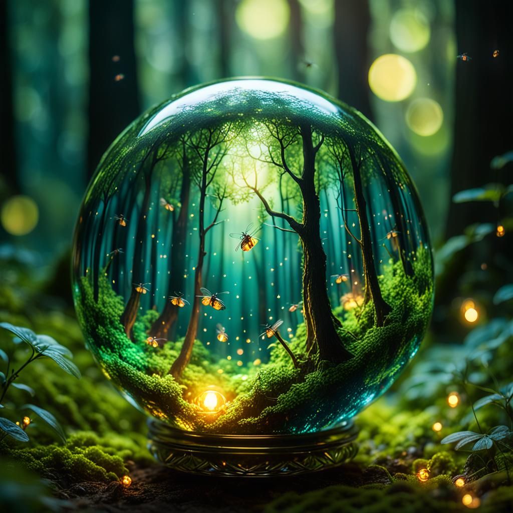 Miniature Forest Inside Glass Sphere in Oil Painting Style