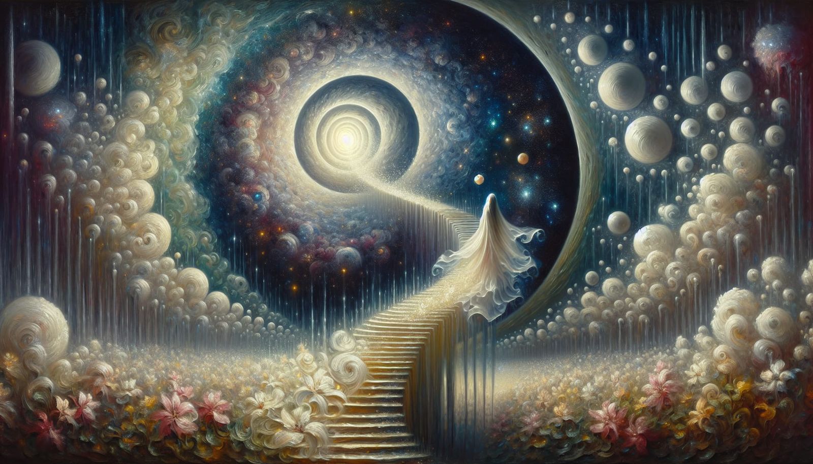 Woman Ascending Chocolate Staircase in Impressionist Dreamsc...