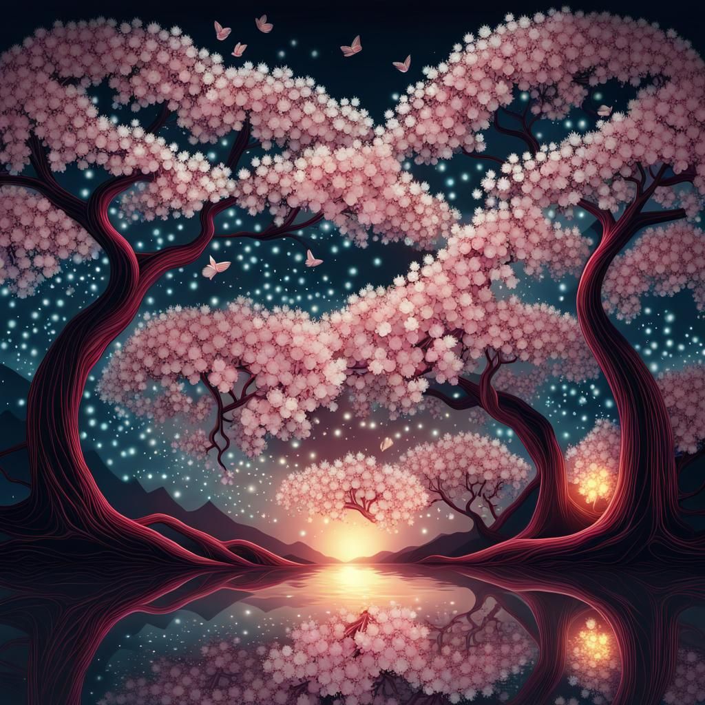 Glowing Cherry Blossom Tree with Fireflies
