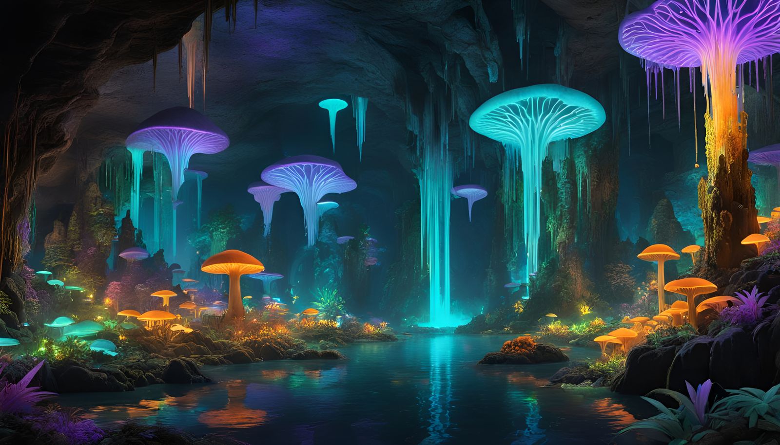 Bioluminescent City in Subterranean Cavern